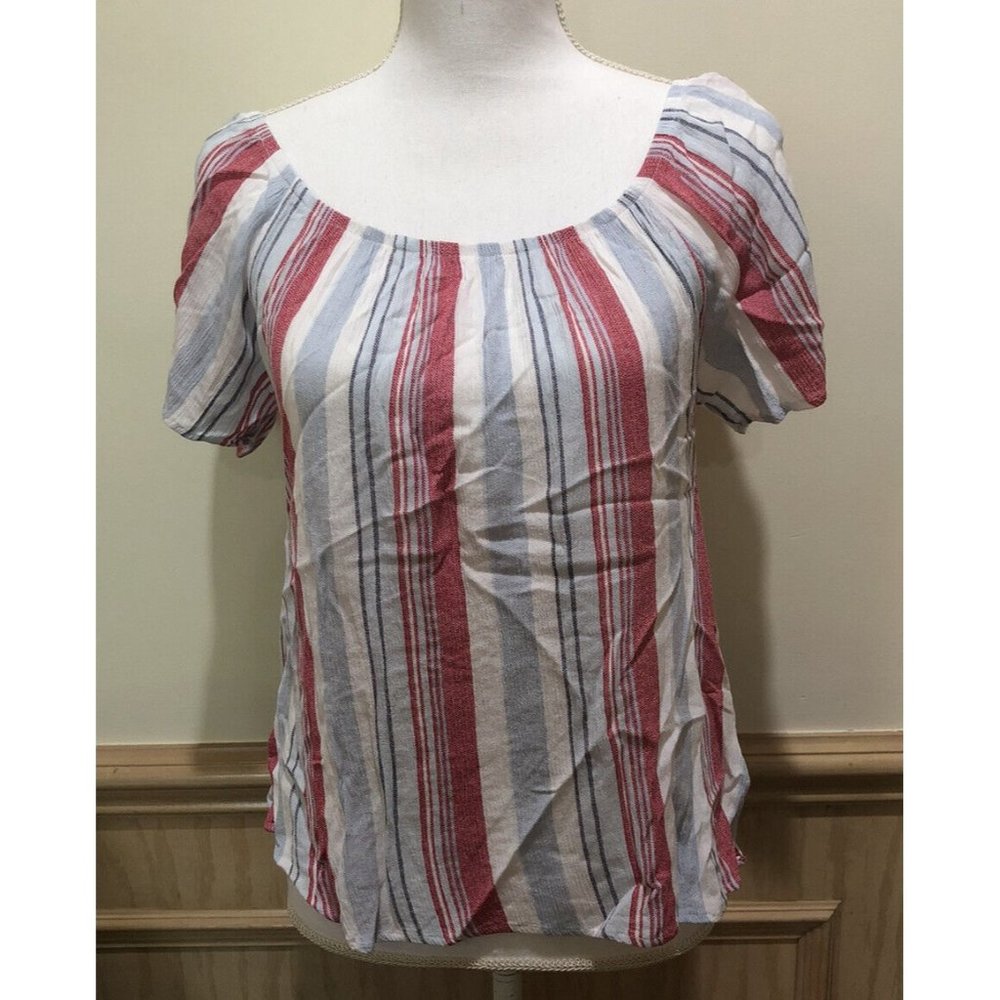 Pink Rose  Short Sleeve Top - Size Medium - Red, Blue, & White Stripe